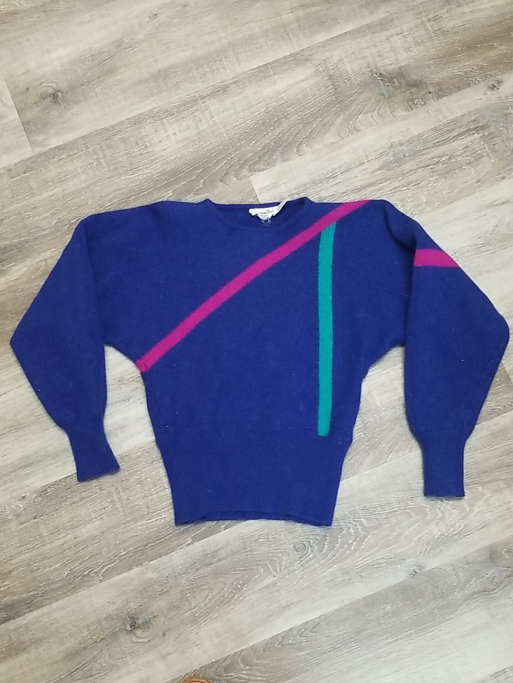 Vintage 80s Dior Cobalt Blue Crewneck Sweater with Pink and Teal Stripes